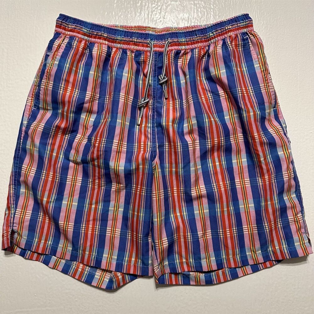 Peter Millar L x 7.5" Blue Retro Bright Plaid Mesh Lined Swim Shorts MS15P12‎